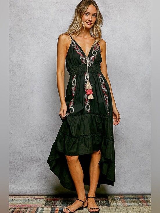 POL Dresses & Skirts - POL Embroidered Detail Tassel Tie Smocked Waist Midi Tiered Slip Dress - Black